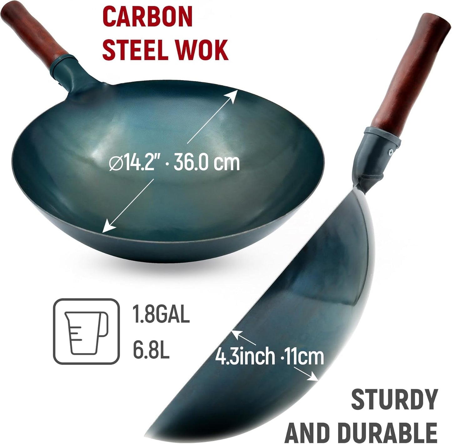Carbon Steel Wok Traditional Hand Hammered Wok,14 Inch,Round Bottom(Roasted Blue)