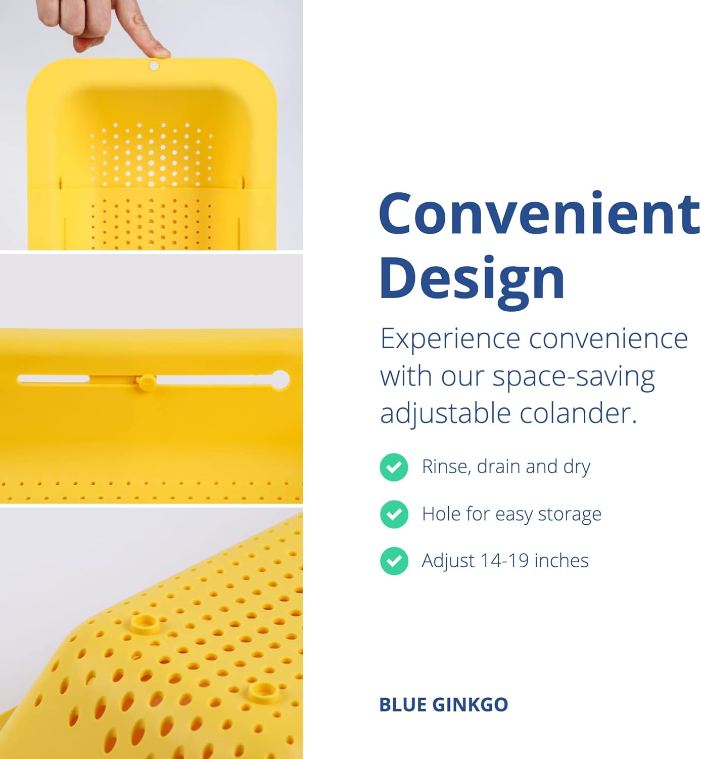 BLUE GINKGO Over the Sink Colander Strainer Basket - Wash Vegetables and Fruits, Drain Cooked Pasta and Dry Dishes - Extendable - New Home Kitchen Essentials (7.9 W x 14.5-19.5 L x 2.75 H) - Yellow