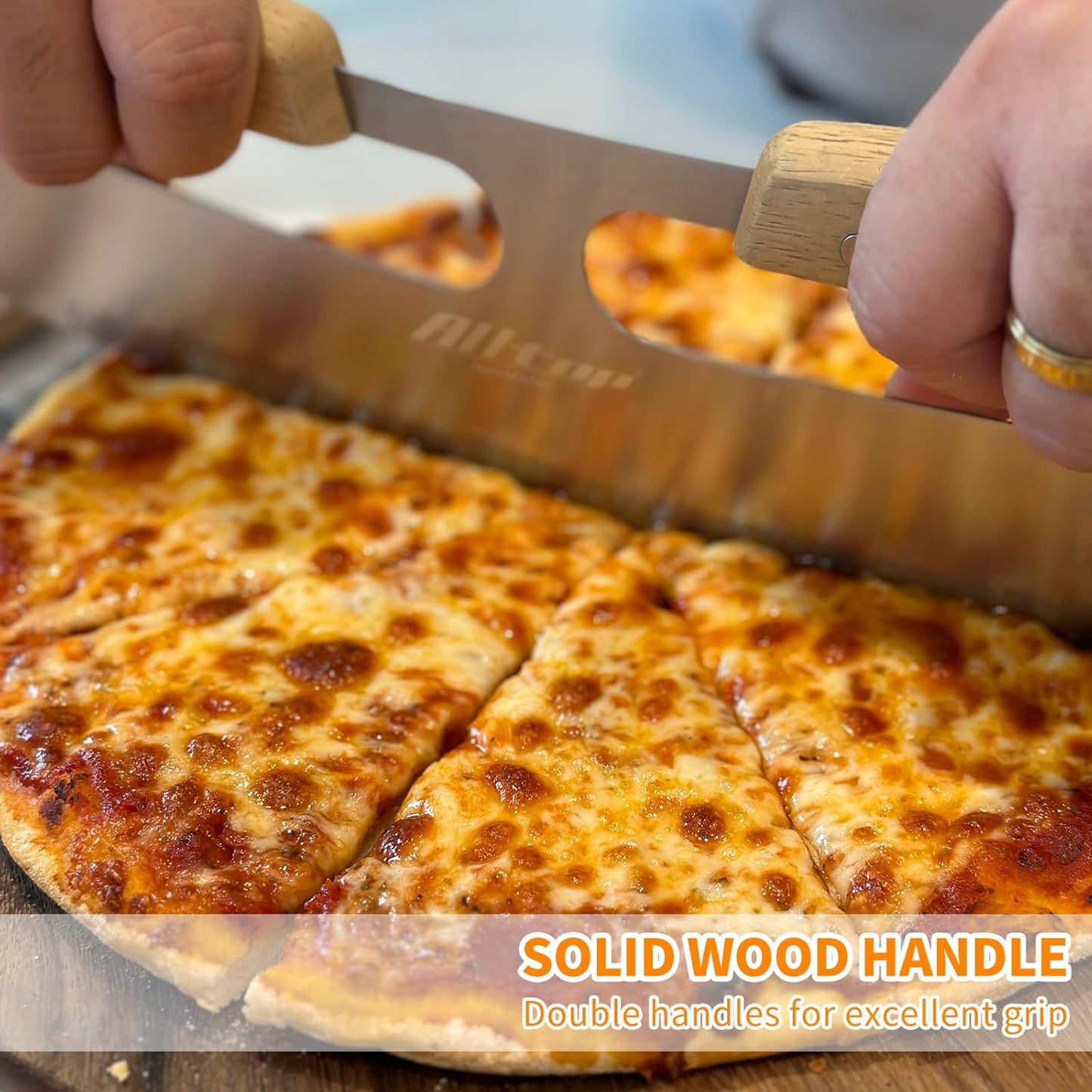 ALLTOP Pizza Cutter Rocker,Stainless Steel Blade Knife With Double Wooden Handle & Plastic Cover, Large Pizza Slicer/Chopper, Essential Kitchen Tool -14 In