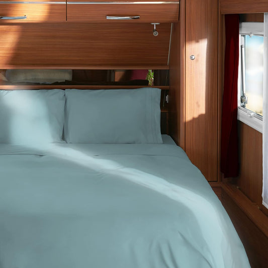 Mellanni RV Short Queen Sheets - 4 PC Iconic Collection Bedding - Hotel Luxury, Extra Soft, Cooling Bed Sheets - Deep Pocket up to 10 inch (RV/Short Queen, Spa Blue)