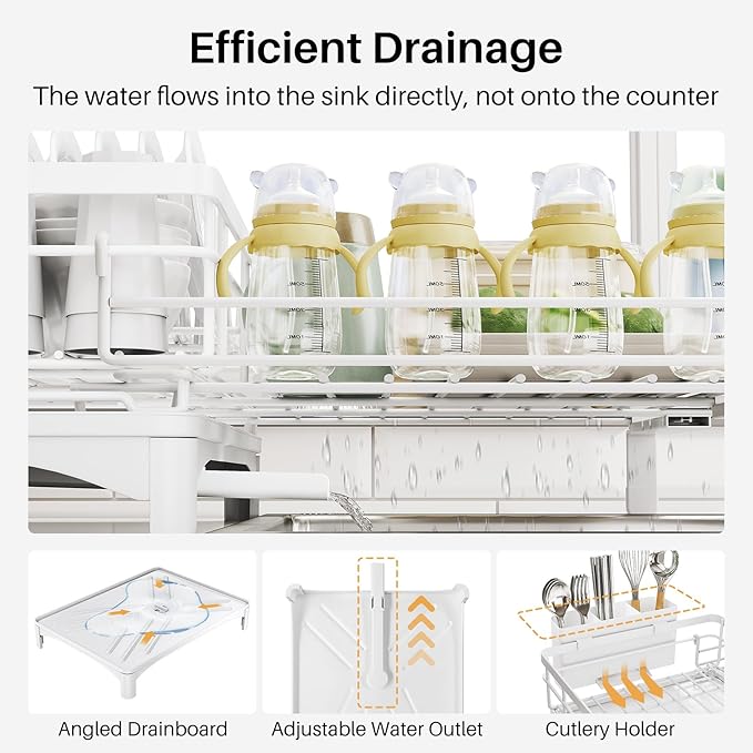 SNTD Dish Drying Rack - Extendable Dish Rack, Large Sink Drying Dish Drainer for Kitchen Counter, Stainless Steel Dish Strainer with Utensil Holder (White)