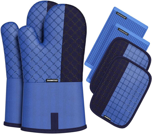 Oven Mitts and Pot Holders Sets 6pcs, Kitchen Oven Glove,High Heat Resistant 550 Degree Extra Long Oven Mitts and Potholders with Non-Slip Silicone Surface for Home Essentials (Grey) (Navy Blue)