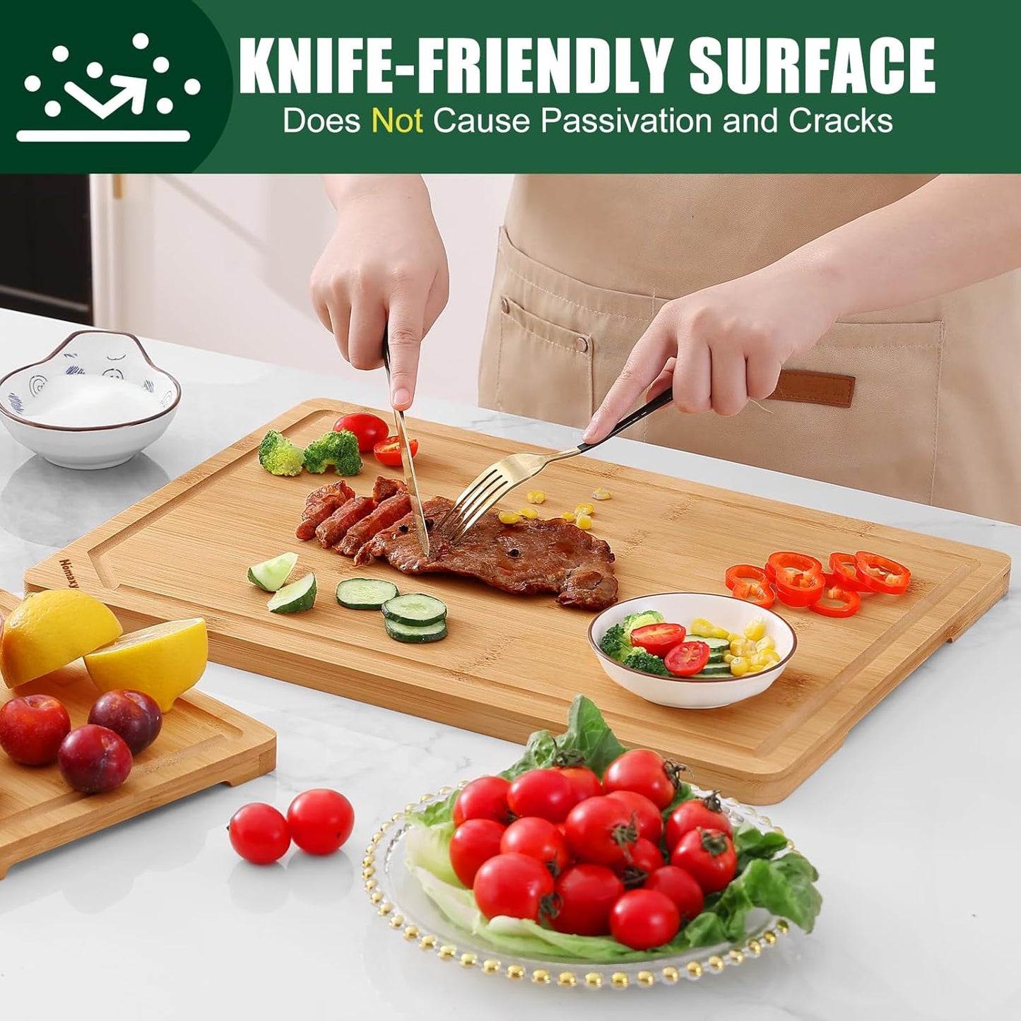 Homaxy Organic Bamboo Cutting Boards Set for Kitchen Set of 2, Wooden Cutting Board Set with Juice Groove and Handles, Charcuterie Serving Tray Wood Chopping Board Set for Meat Fruits & Vegetables