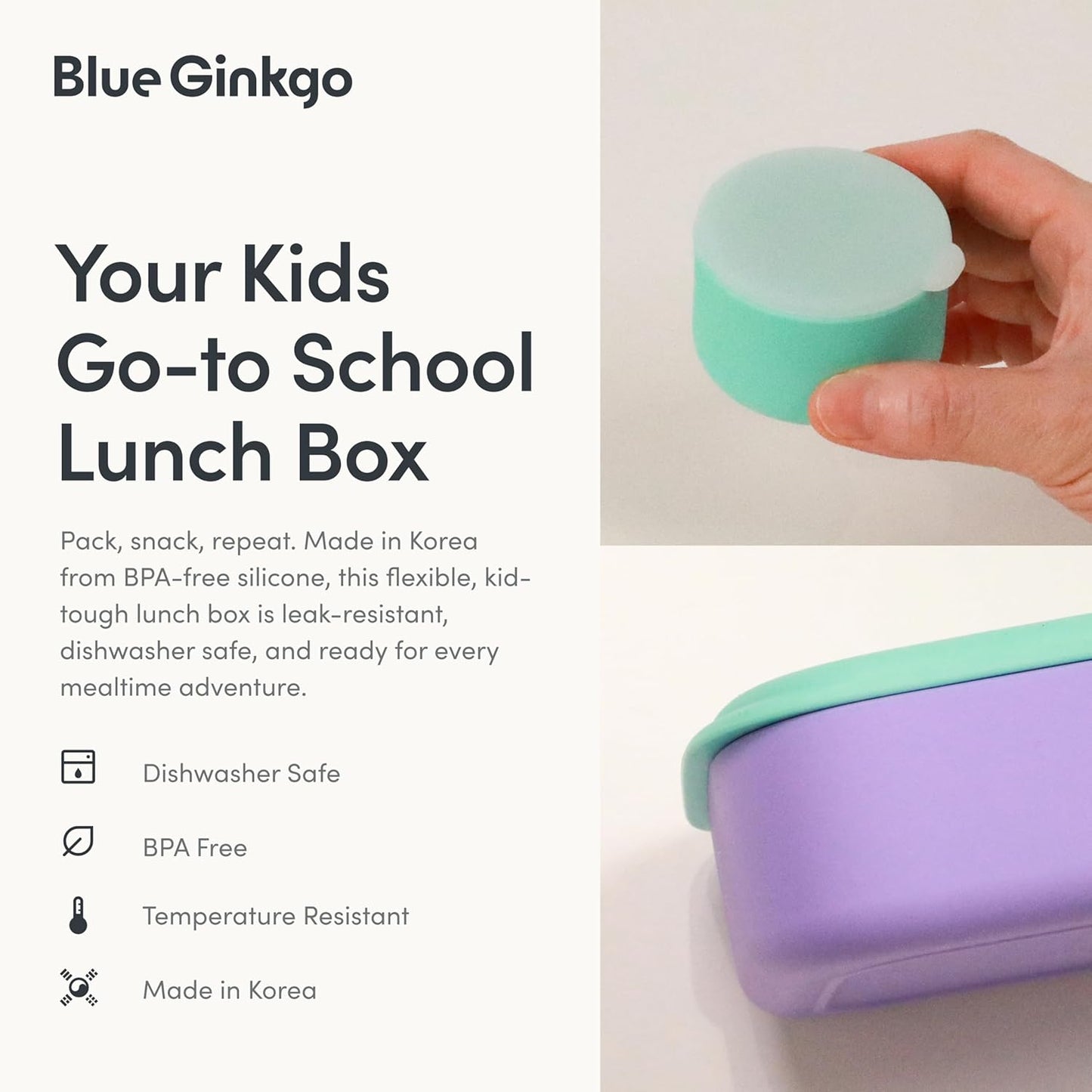 BLUE GINKGO Silicone Lunch Box Set – Durable Heavy-Duty Silicone Bento Box, Microwave, Freezer, Dishwasher Safe – Airtight, BPA Free (Made in Korea, Purple)