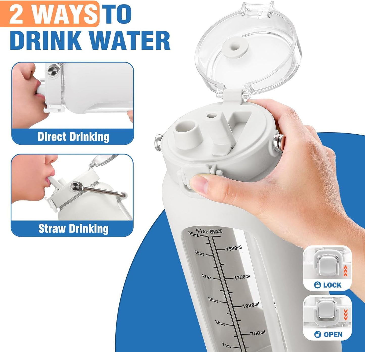 kytffu 64 oz Glass Water Bottle with Straw and Stainless Steel Handle, Half Gallon Water Bottle with Silicone Sleeve and Time Marker, 2L Large Glass Bottle for Gym, School, Travel, Leak-proof (White)