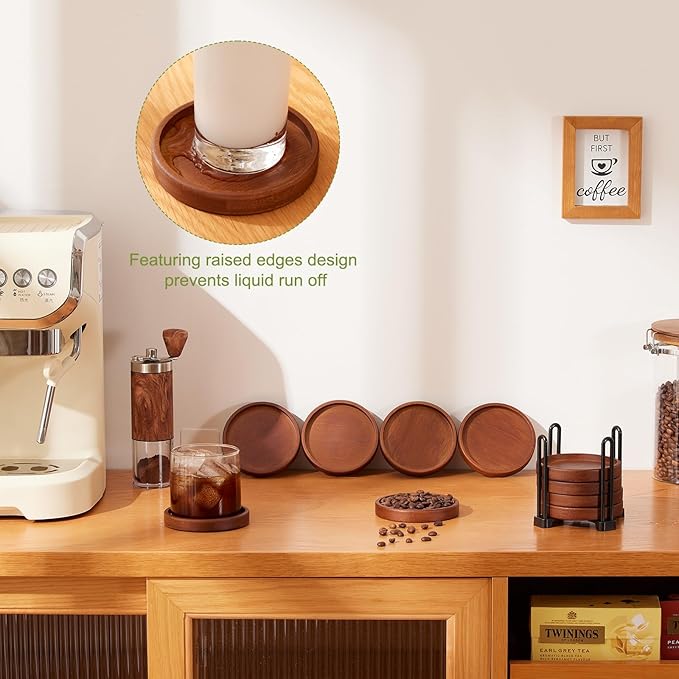 Set of 6 Wooden Coasters With Holder - Coffee Table Coasters for Drinks, Modern Home Decor, Dining Table Decorative Set, Cute Beer Bar Rustic Outdoor Wood Coaster