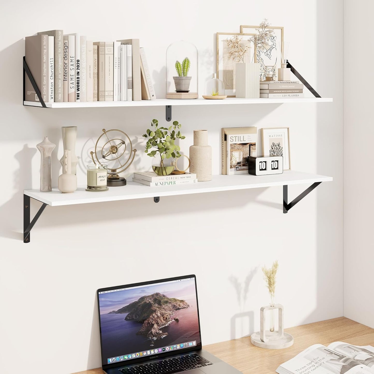 Heimlove White Deep Floating Shelves for Wall, 40W x 8D Wood Wall Shelves Set of 2, Wide Floating Bookshelf for Living Room, Kitchen, Office, Bedroom and Decor Storage, with Black Bracket - White