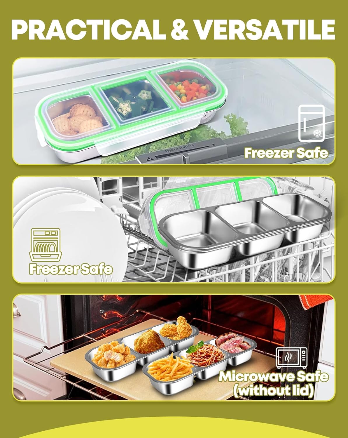 2Pack Stainless Steel Snack Containers for Kids Adults, Reusable 3 Compartment Snackle Box Container with Leakproof Lids Metal Bento Lunch Food Snack Boxs for Travel Picnics Camping Office School