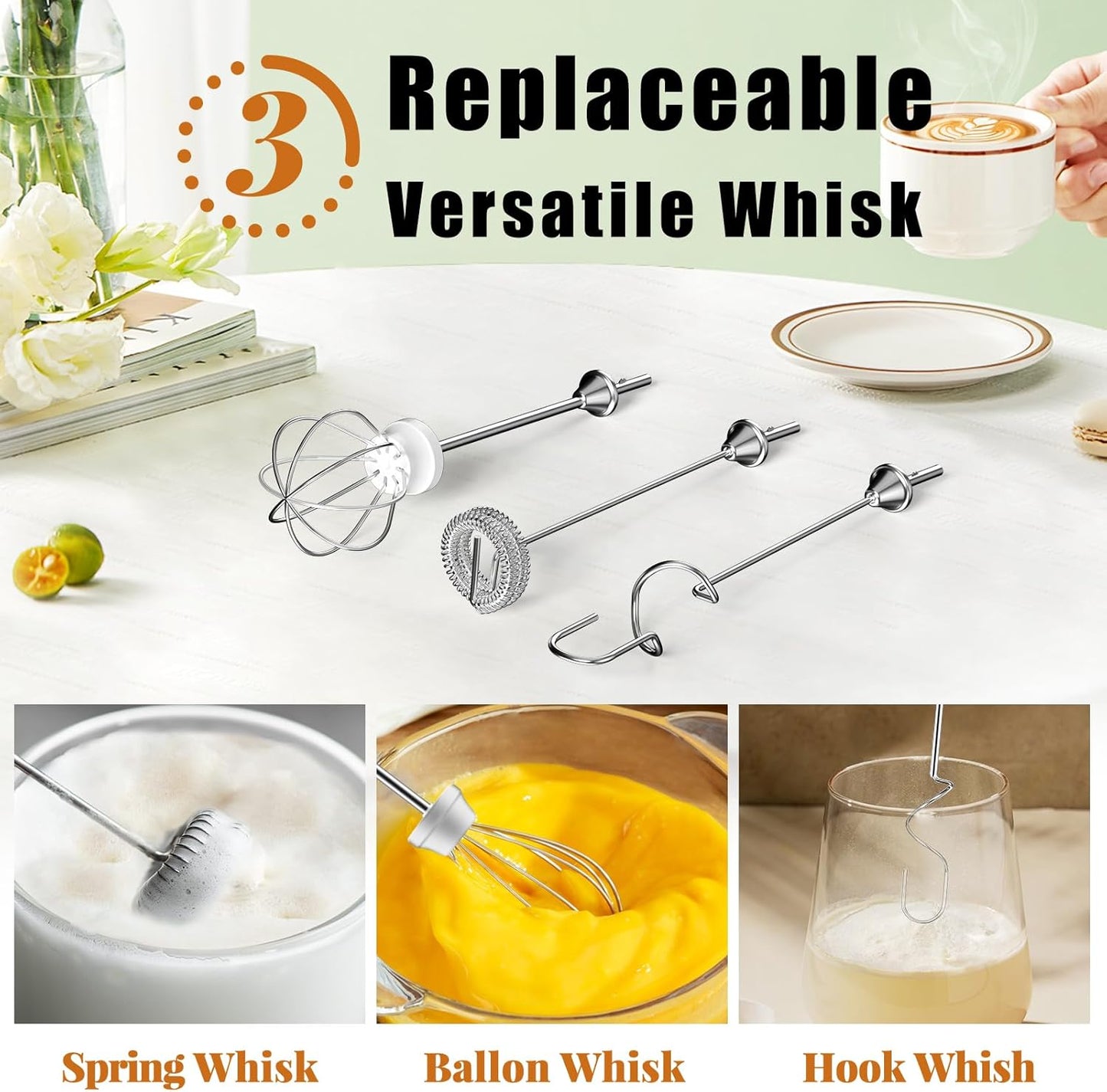 Nahida Granite Green Milk Frother Wand for Coffee, Frother Handheld Rechargeable Electric Whisk with 3 Heads 3 Speeds Drink Mixer Coffee Frother Foam Maker For Latte, Cappuccino, Hot Chocolate, Egg