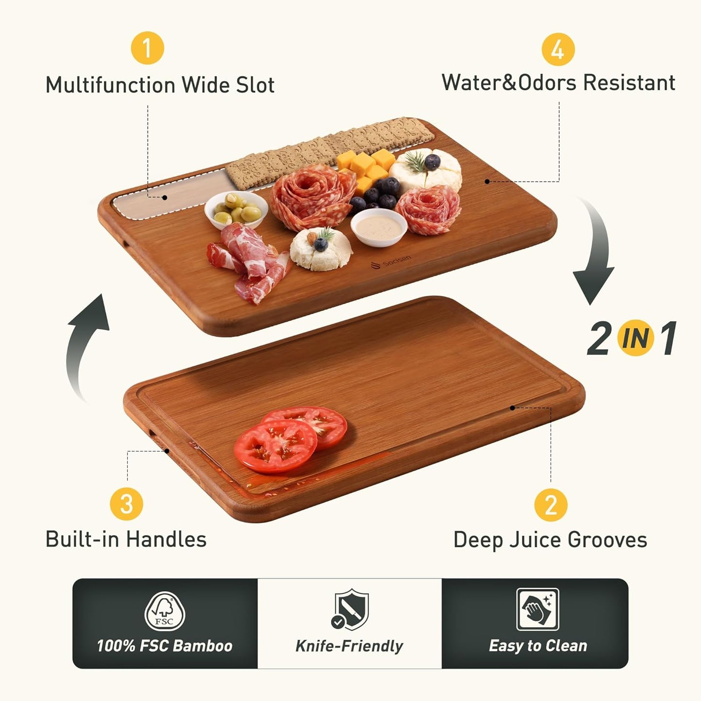 2 Packs Wood Cutting Board, Carbonized Bamboo Cutting Boards Set With Smooth Surface & Easy Storage For Busy Kitchens, Ideal Charcuterie & Chopping, Durable, Knife-Friendly for Meat Vegetables Fruits