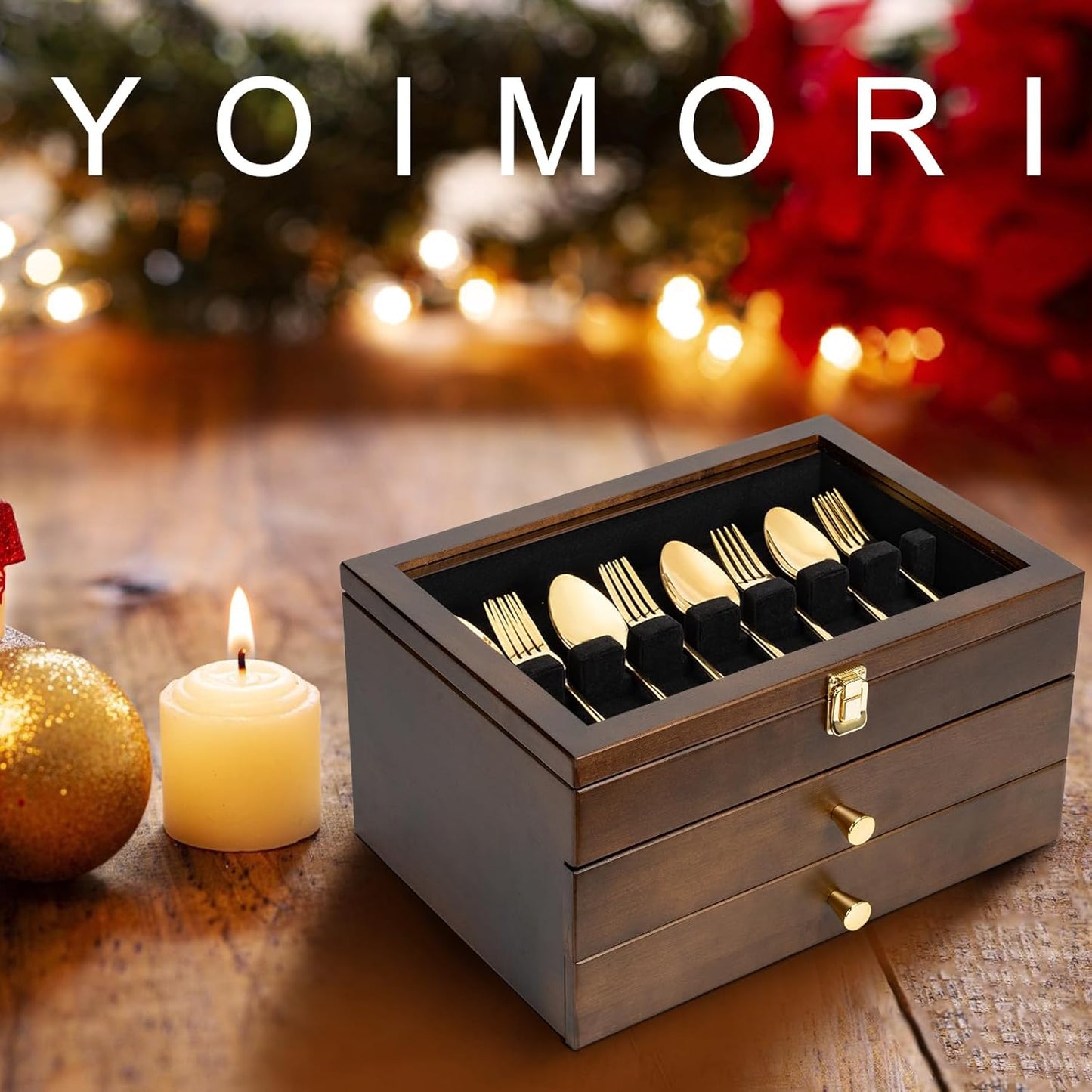 Silverware Box, 3-Layer Wooden Silverware Storage Box with Glass Lid, 14.5×10.6 Inches Luxury Style Decor Flatware Storage Case for Fine Flatware & Utensils, Gift Idea (Walnut)