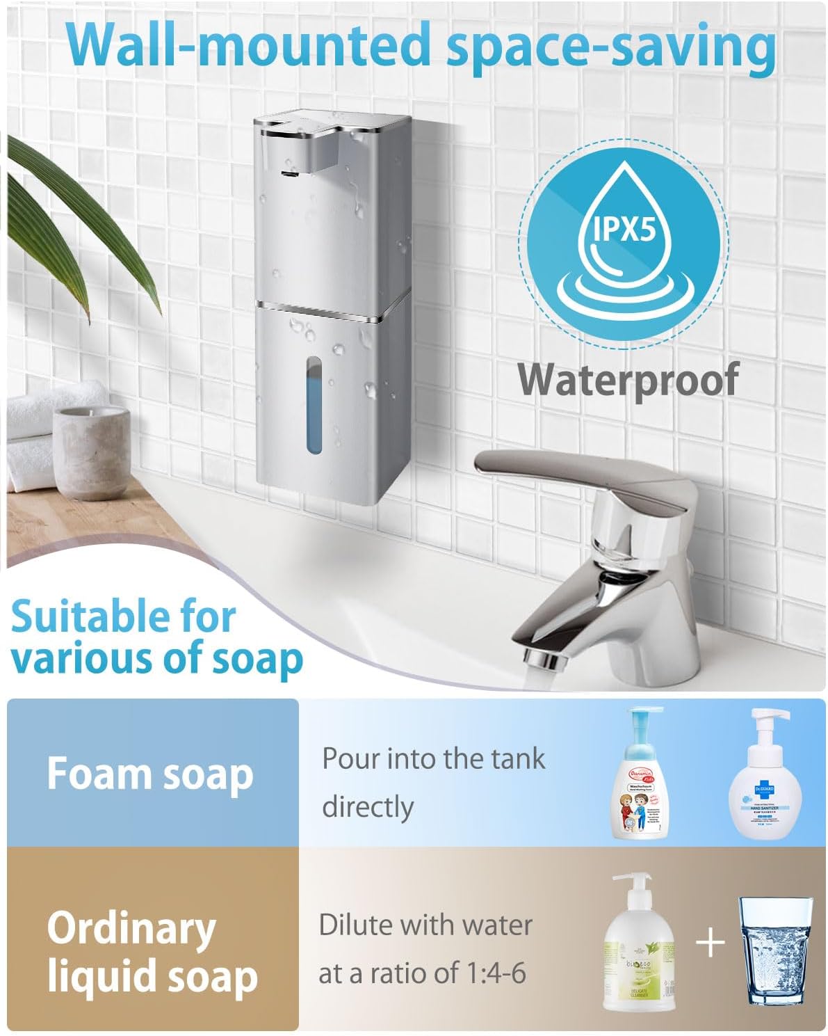 Automatic Foaming Soap Dispenser Touchless 380ml/12.8oz Rechargeable Hand Soap Dispenser Wall Mounted 4 Levels Adjustable Foam Soap Pump for Bathroom Kitchen Dish Soap