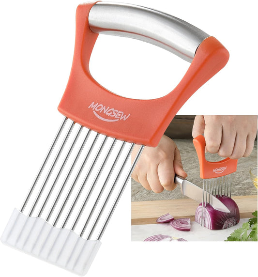 Onion Slicer Holder, MONGSEW Stainless Steel Onion Cutter for Slicing and Storage of Onions, Avocados, Eggs, Dishwasher Safe, Protective Cover Included (Stylish Orange)