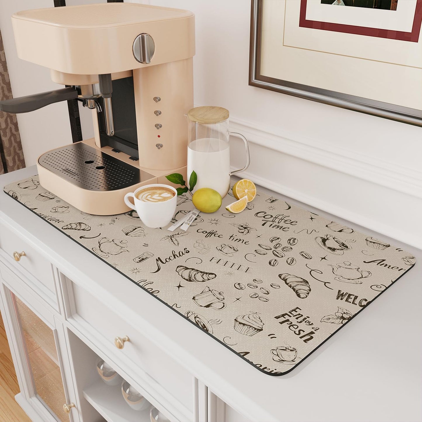 AMOAMI Coffee Mat Hide Stain Rubber Backed Absorbent Dish Drying Mat for Kitchen Counter - Fits Under Coffee Maker & Espresso Machine (17X31.5, MILK TEA)