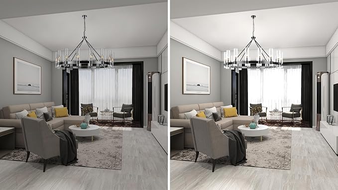 48 Inch Black Wagon Wheel Chandelier with Glass Shade, 16 Lights, Modern Farmhouse Style, Ideal for Dining Room, Kitchen, Entryways