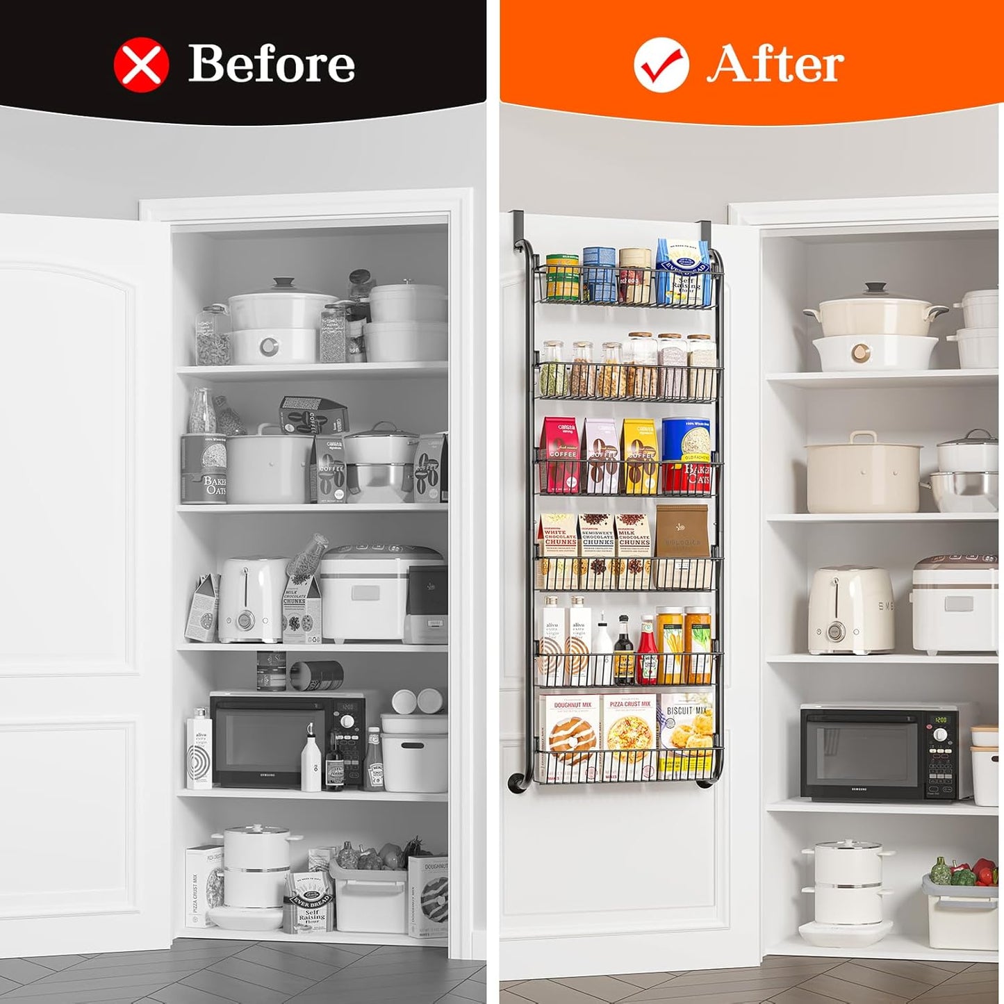 MIAOLI Over The Door Pantry Organizers and Storage, 6-Tier Spice Rack, Home & Kitchen Storage Shelves for Cabinet, Large Capacity Hanging Seasoning Organizer, Laundry Room Organization, Black