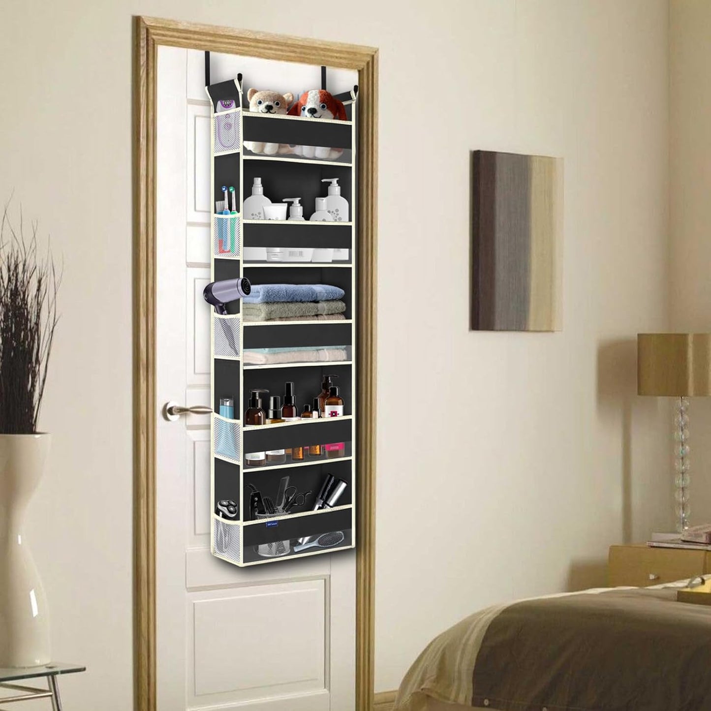 Over The Door Hanging Organizer 5-Shelves and 10 Side Pockets, Over The Door Storage for Bathroom and Bedroom, Back of Door Organizers for Baby Accessories and Kid's Toys (13"x5"x44", Black)
