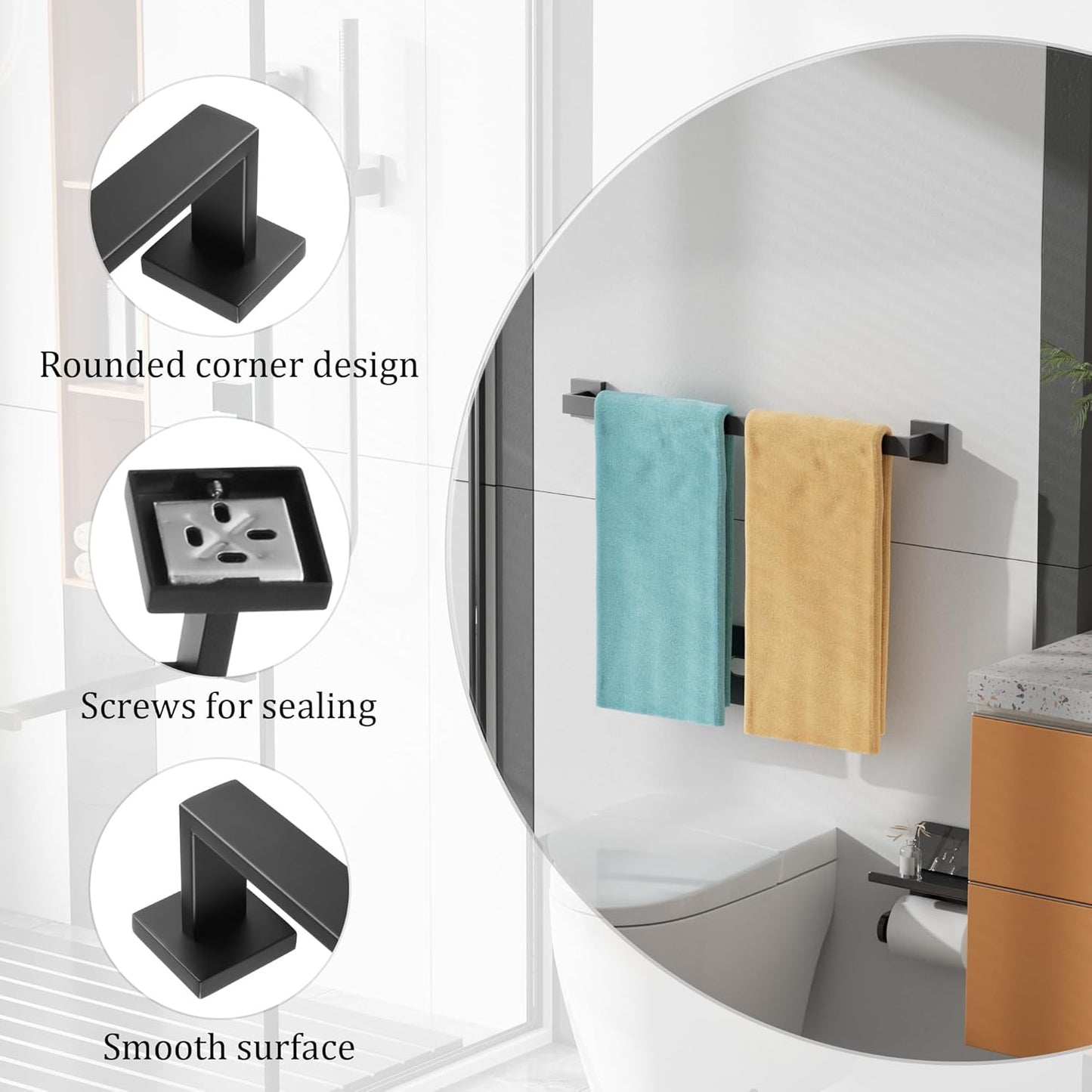 Alise Black Towel Bars,23.62 Inch Towel Holder Towel Racks for Bathroom and Lavatory,SUS304 Stainless Steel Hand Towel Hanger Rail Wall Mount,Useable Length 21.85 Inch Towel Bar, GYT060-B