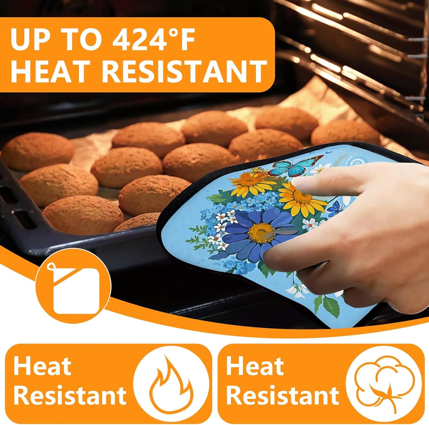 Sunflower Butterfly Oven Mitts and Pot Holders Sets 4Pcs,Extra Long Oven Gloves Potholder for Kitchen Cooking Baking BBQ 100% Cotton Heat Resistant