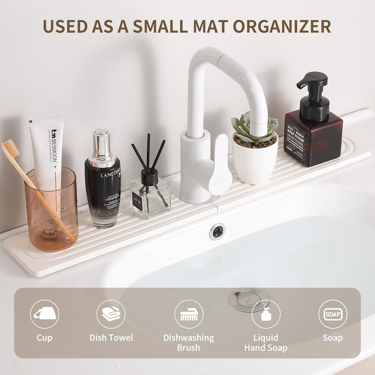 Faucet Mat for Kitchen Sink, Diatomite Stone Drying Sink Protectors, Bathroom Faucet Splash Guard, Quick Dry Water Absorbing, Non-Slip Stone Tray for Kitchen Counter, White, 20" x 3.9"