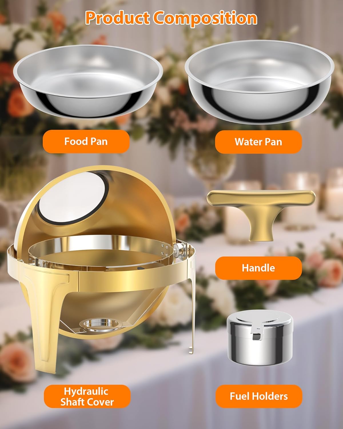 Roll Top Chafing Dish Buffet Set, 6.3 Qt Round Chafing Dish for Buffet, Stainless Steel Food Warmer Chafer with Glass Window Full Size Food Pan for Catering Parties Banquets