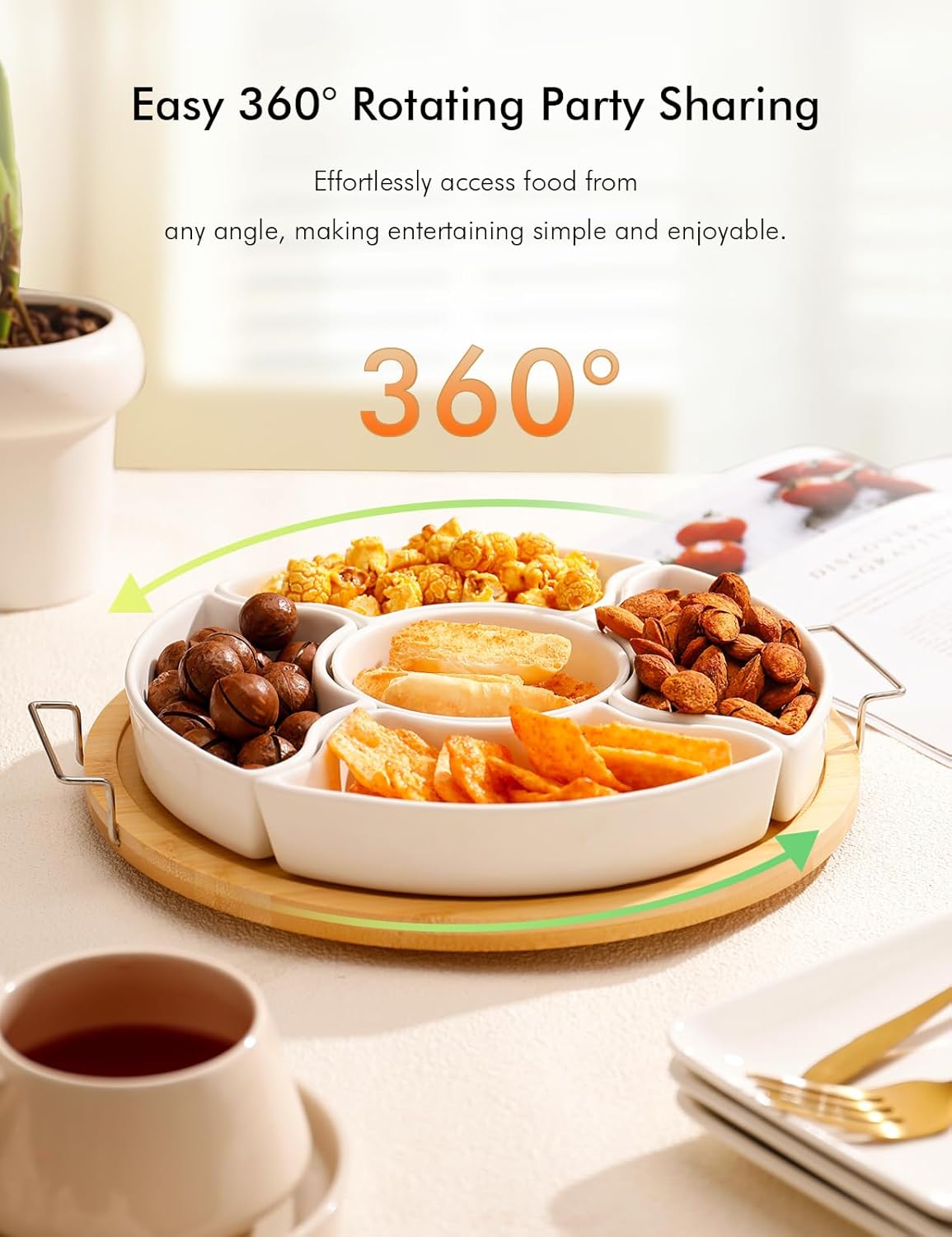 Ceramic Divided Serving Dishes with Bamboo Tray,360° Rotatable Serving Bowls with Handles for Party,5 Removable Relish Tray,11.2 Inch Appetizer Serving Dish for Chips & Dip, Veggies, Candy & Snacks