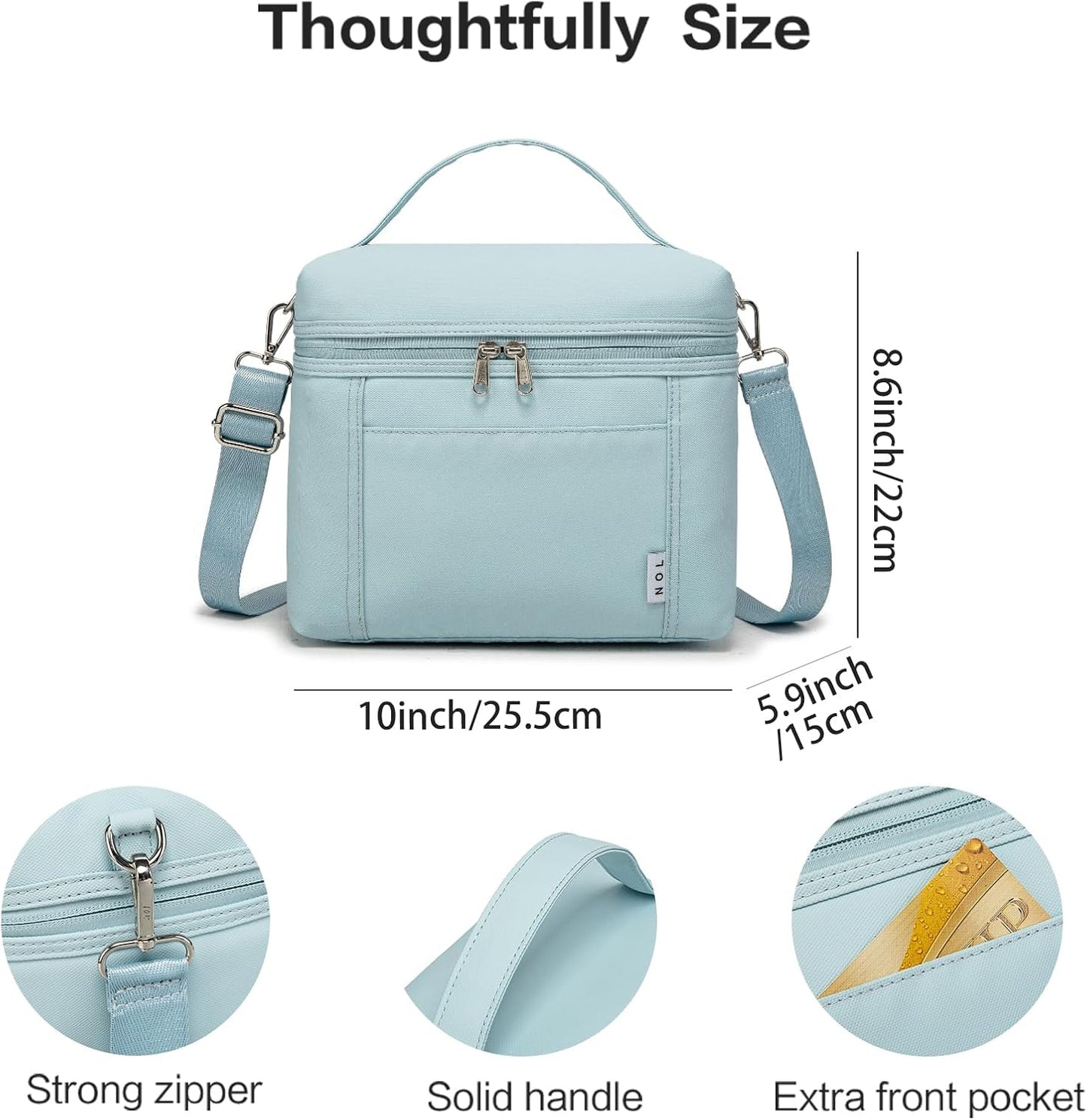 NOL Natural Organic Lifestyle Insulated Lunch Bags for Women Cooler Bag Lightweight Nylon Waterproof Lunch Box For Work (Light blue, Medium(normal))