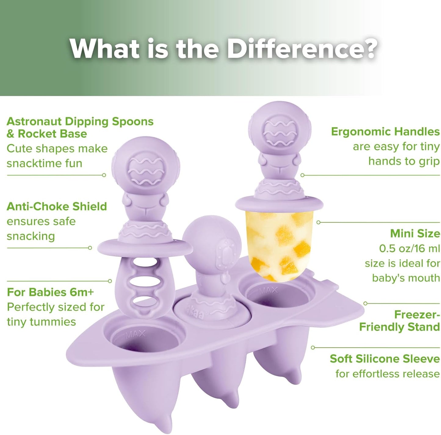 Haakaa Astronaut Ice Pop Mould Set – Mini Silicone Popsicle Molds with Sticks for Kids, Ice Pop Maker with Anti-Choke Astronaut Handles, Ice Cream & Frozen Treat Molds