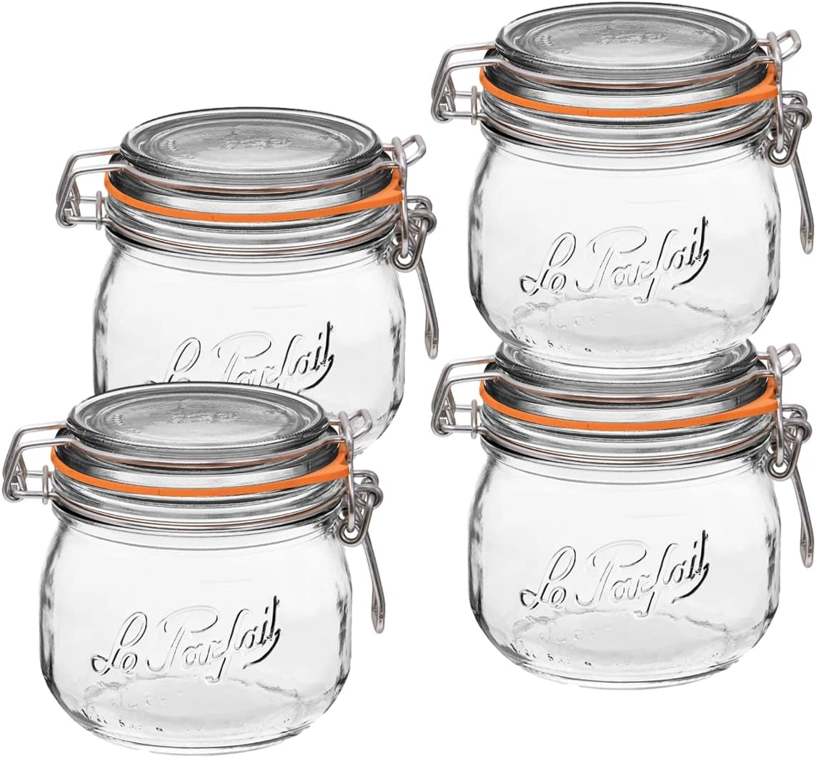 Le Parfait Super Jar, Canning Jars, 500mL French Glass Canning Jar w/Round Body, Glass Jars With Airtight Lid, Canning Jars Wide Mouth, Glass Jar w/Lid, Clear Jars, Clear Glass Jars (16oz/Pint, 4 pk)
