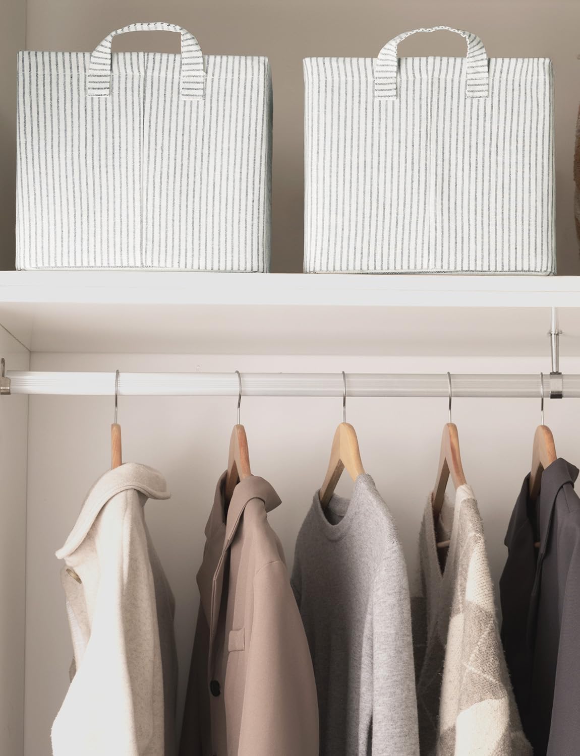 StorageWorks Storage Bins, Fabric Storage Bins for Shelves, Large Storage Baskets with Metal Frame, Closet Baskets and Bins with Handles, Gray and White Stripes, 2-Pack