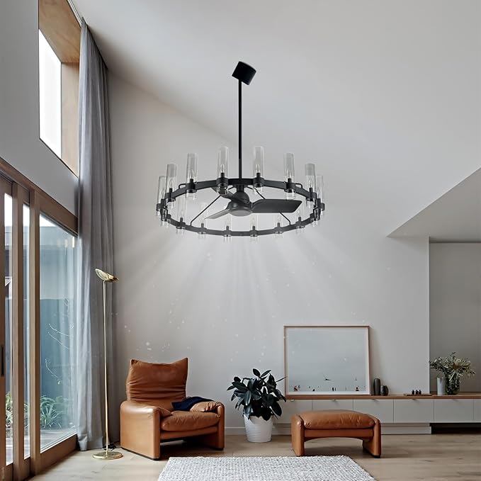 Black Ceiling Fans with 16 Lights Wagon Wheel Chandelier, 48 Inch Modern Farmhouse Fandelier, Quiet 6-Speed Reversible DC Motor, 1/2/4H Remote Timing for Living Room/Bedroom/Kitchen