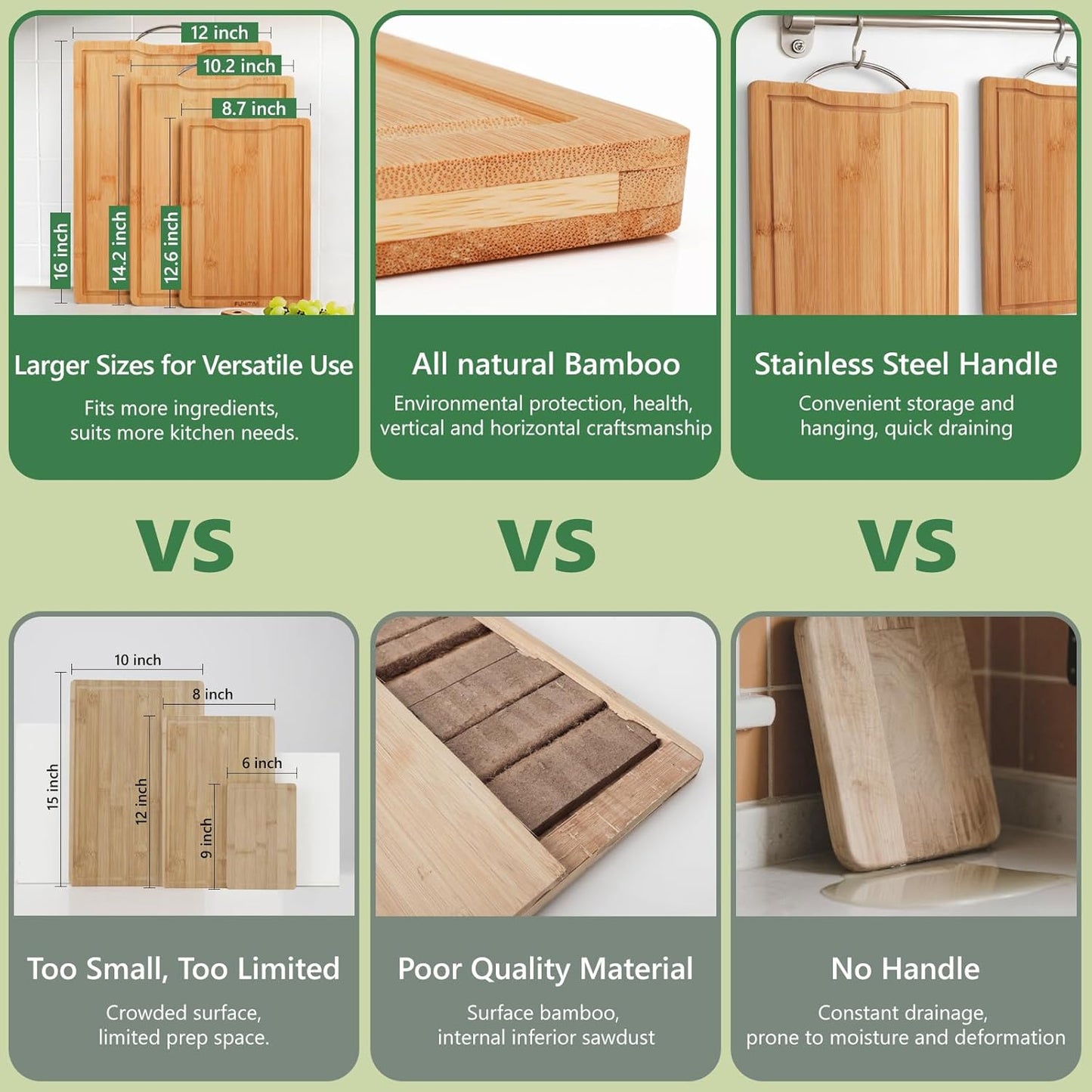 Bamboo Cutting Board, Wooden Cutting Boards for Kitchen with Double Sided Deep Juice Grooves & Wide Handle, Ideal Charcuterie & Chopping Board for Meat, Vegetables and Fruits