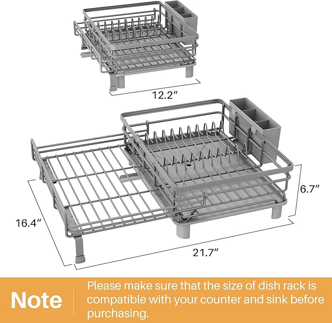 SNTD Dish Drying Rack - Extendable Dish Rack, Large Sink Drying Dish Drainer for Kitchen Counter, Stainless Steel Dish Strainer with Utensil Holder (Grey)