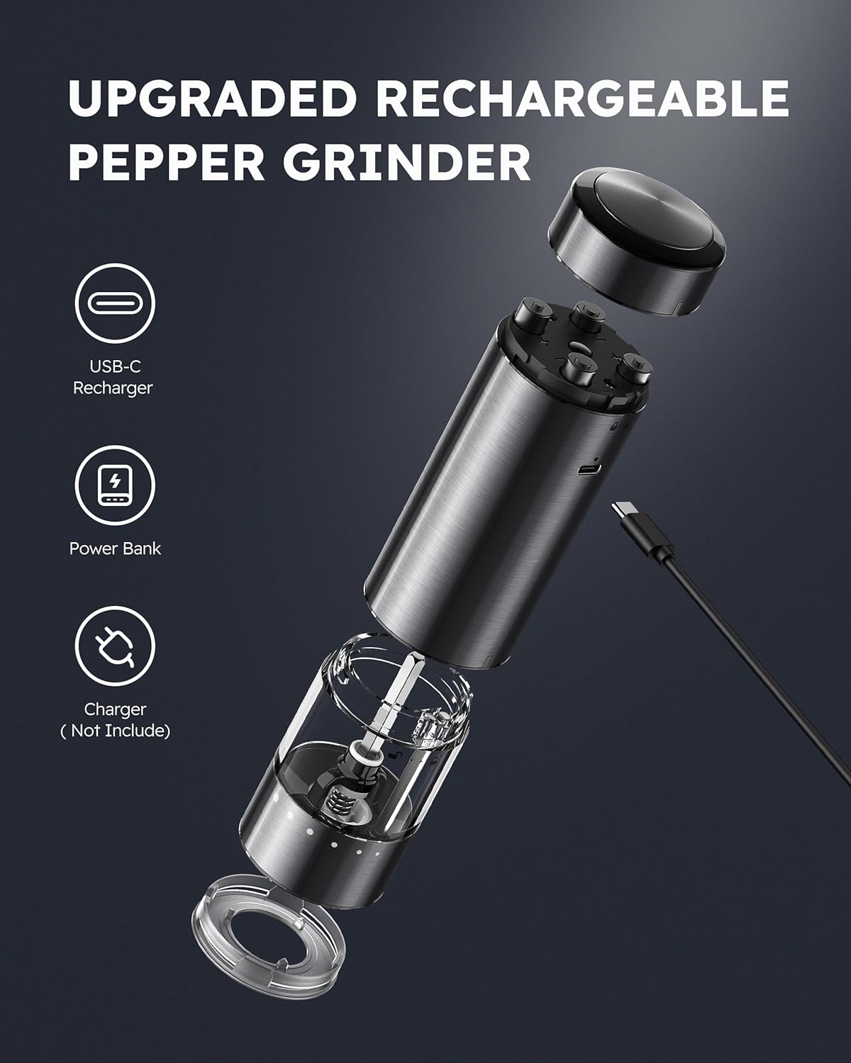 FORLIM Rechargeable Electric Salt and Pepper Grinder Set - Automatic One-Handed Operation Mill with Light (2 Mills) - Electronic Adjustable Shakers - Ceramic Grinder - Gunmetal Gray
