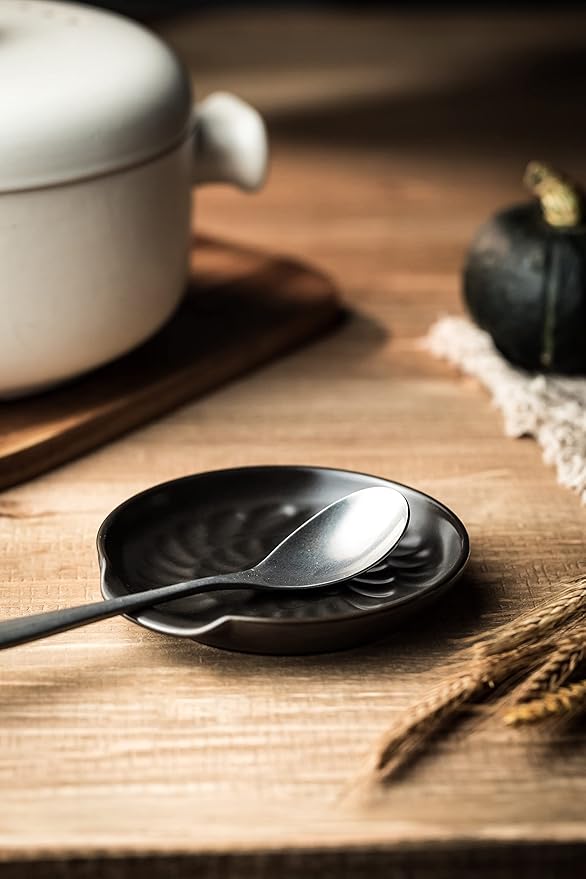 Spoon Rest for Kitchen Counter, Spoon Holder for Stove Top Cooking Large Utensil Rest, Modern Farmhouse Kitchen Decor Utensil Holder for Spoons Ladles Tongs Spatula, Black