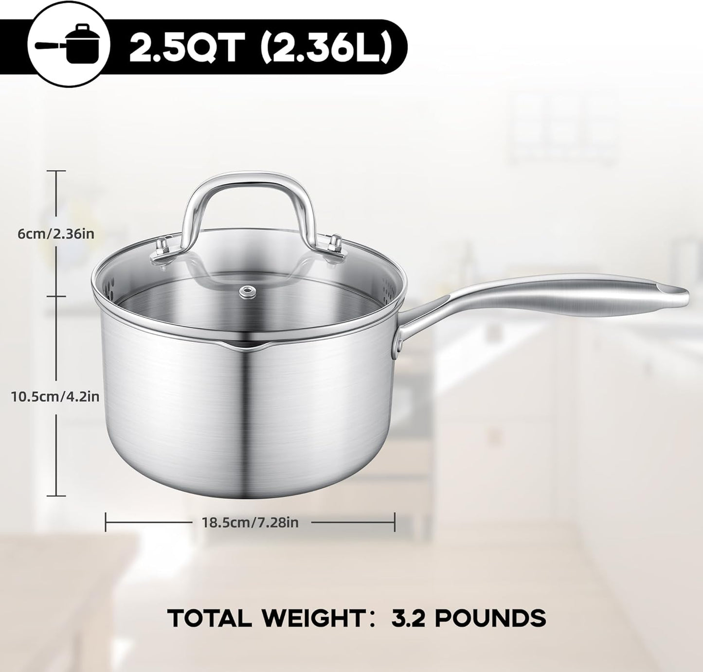 Leetaltree 2.5 Quart Stainless Steel Saucepan with Glass Strainer Lid, Thicken Tri-ply Ful Body, Multipurpose Sauce Pot with Two-Size Drainage Holes Lid, Perfect For Boiling Gravies, Pasta, Noodles