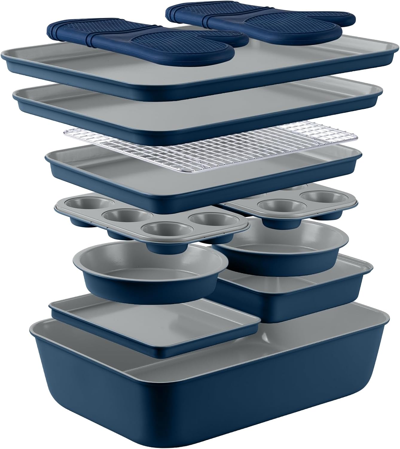 Country Kitchen Nonstick Stackable Bakeware Set - Deluxe Heavy Duty, Durable, Easy Release Baking Set, Denim, 13 Pcs