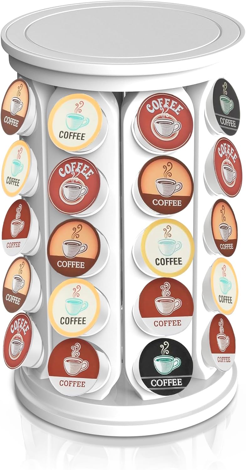 CEHNCEH Coffee Pod Carousel Organizer: Compatible with 40 Keurig K-Cup Pods, Large Compacity Coffee Capsule Holder, NEW Modern Design, Home or Office Kitchen Counter Organizer (White)