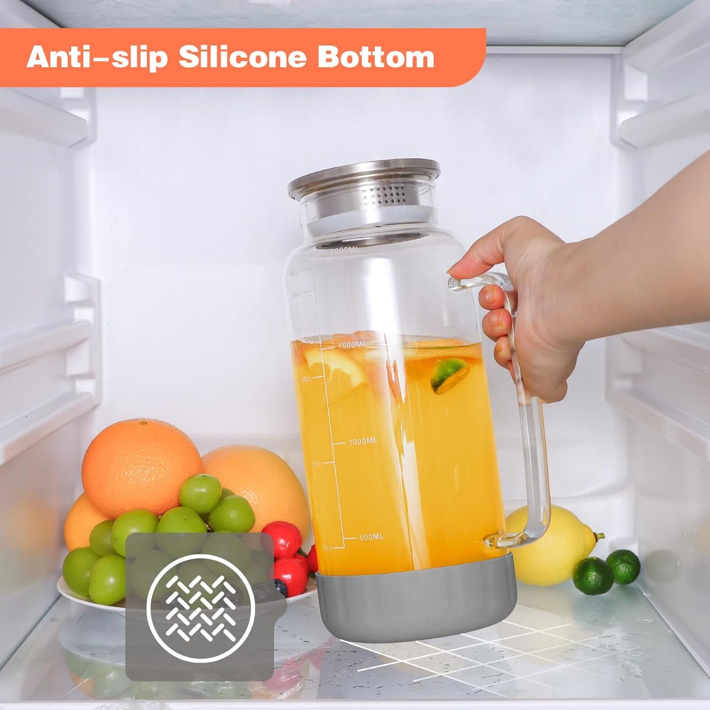 Aofmee 68oz Glass Pitcher with Lid, 2 Liter Water Carafe with Silicone Base and Precise Scale Line, Ice Tea Pitcher for Fridge, Anti-Slip Glass Jug for Sun Tea Juice Coffee Milk Beverage (Gray)