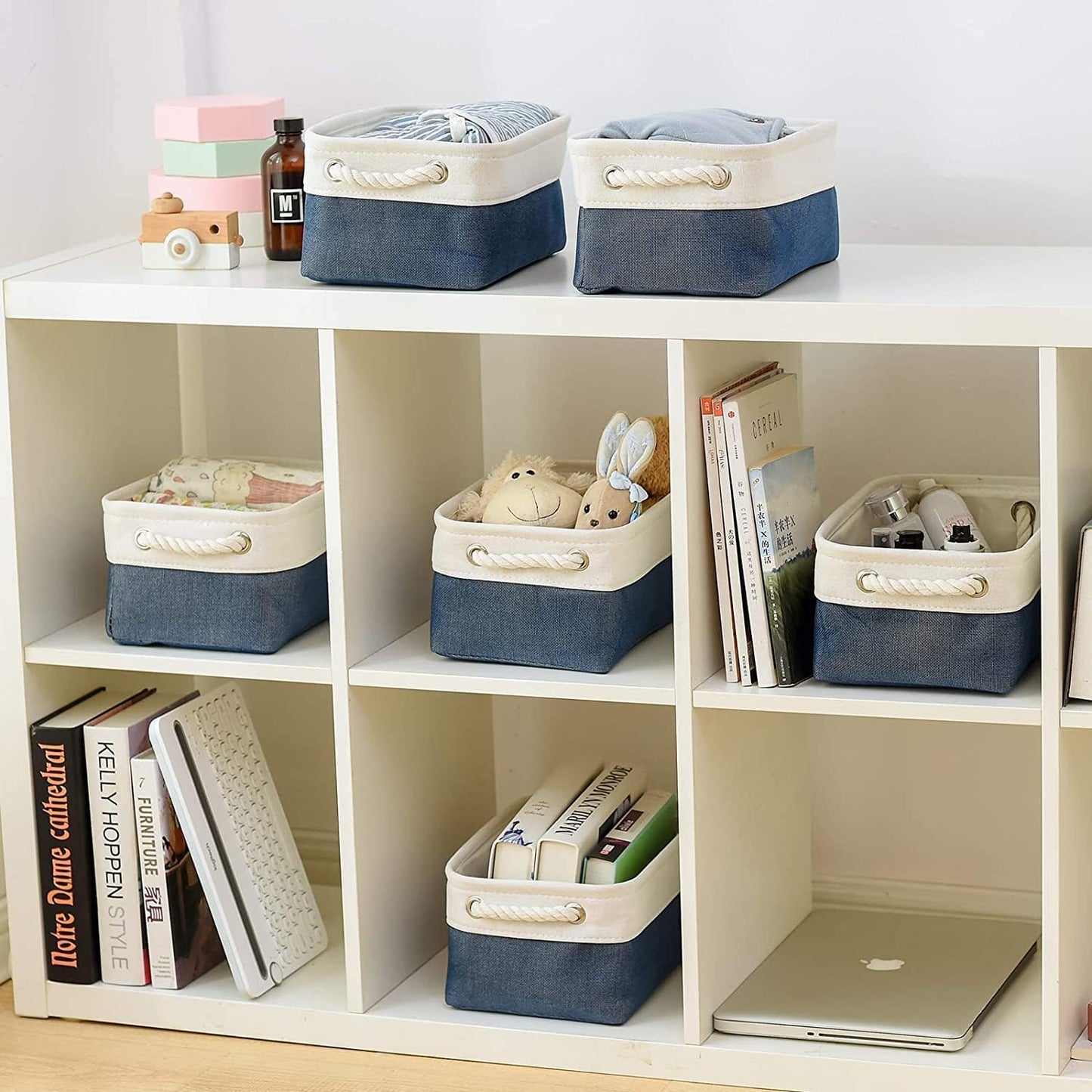 TheWarmHome Storage Bins for Shelves - 12x8x5.2 inch 1 Pack Baskets for Gifts Empty, Fabric Storage Cubes for Closet Organizing Dog Gift Cloth Toy (White & Jean Blue)
