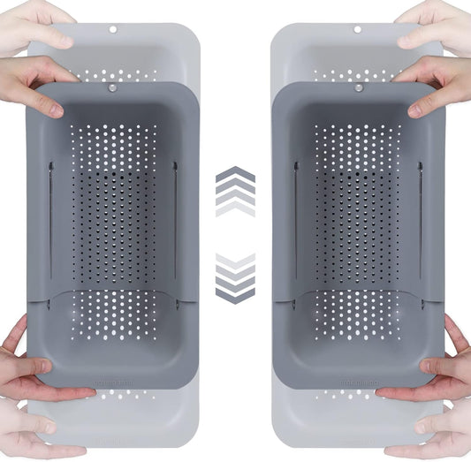 BLUE GINKGO Sink Colander Baskets - (Pack of 2) Wash Vegetables and Fruits, Drain Cooked Pasta and Dry Dishes - Extendable - New Home Kitchen Essentials (2 Grey)