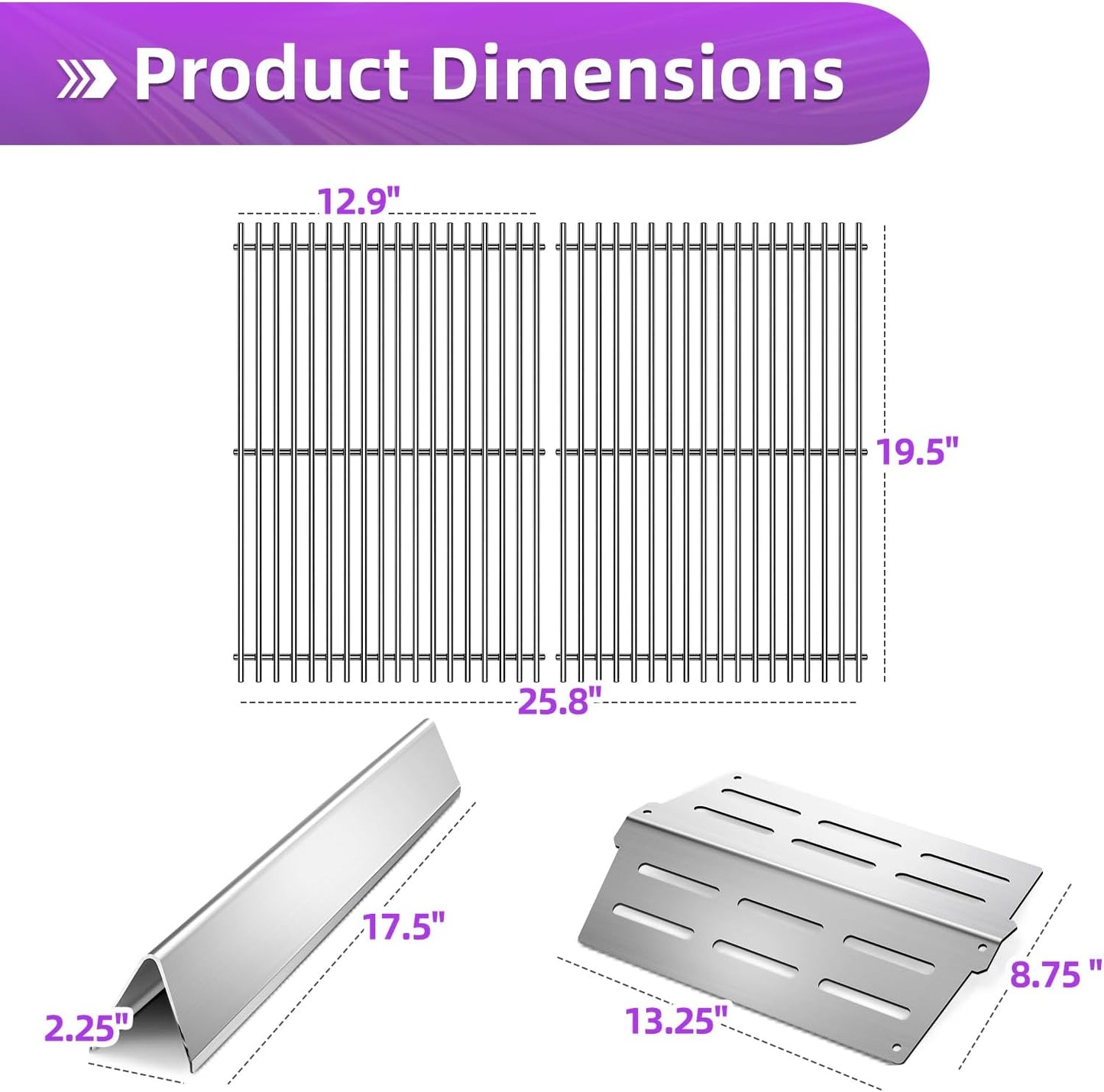 Stainless Steel 7524 Grill Grates for Weber Genesis E310 E320 E330 S330 EP-310 with 7620 Flavorizer Bars and 7622 Heat Deflector 19.5” Grill Replacement Parts for Weber 300 Series 7528, 7621