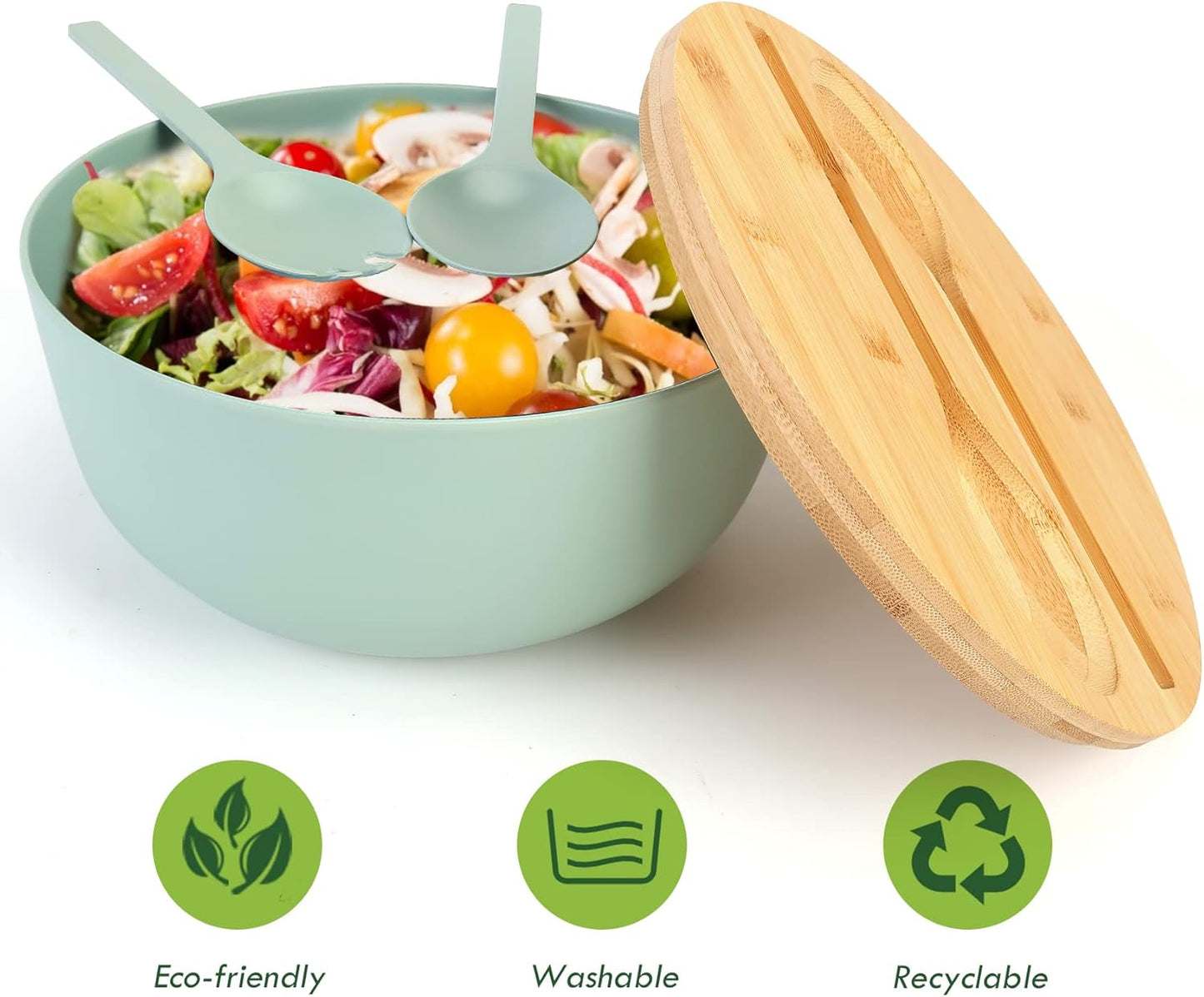 ShineMe Large Salad Bowl with Lid, Salad Serving Bowl Set with Utensils, 9.8inches Mixing Bowl with Servers, Solid Bamboo Wooden Bowl for Salad, Fruits, Vegetables and Pasta(elegant green)