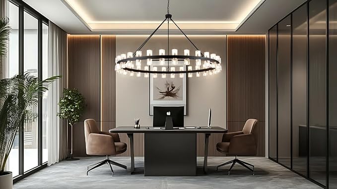 60 Inch Black Wagon Wheel Chandelier with Crystal Shade, 60 Lights, Modern Farmhouse Style, Ideal for Dining Room, Kitchen, Entryways