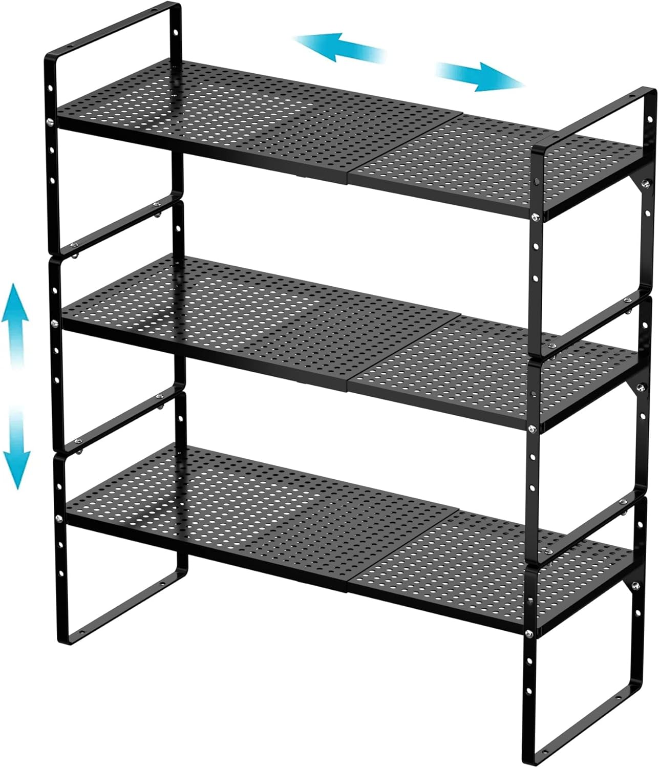 iPEGTOP 3 Pack Large Expandable Cabinet Storage Shelf, Heavy Duty Stackable Steel Metal Spice Rack Adjustable Height Home Office Pantry Garage Shelves for Counter Kitchen Organization, Black