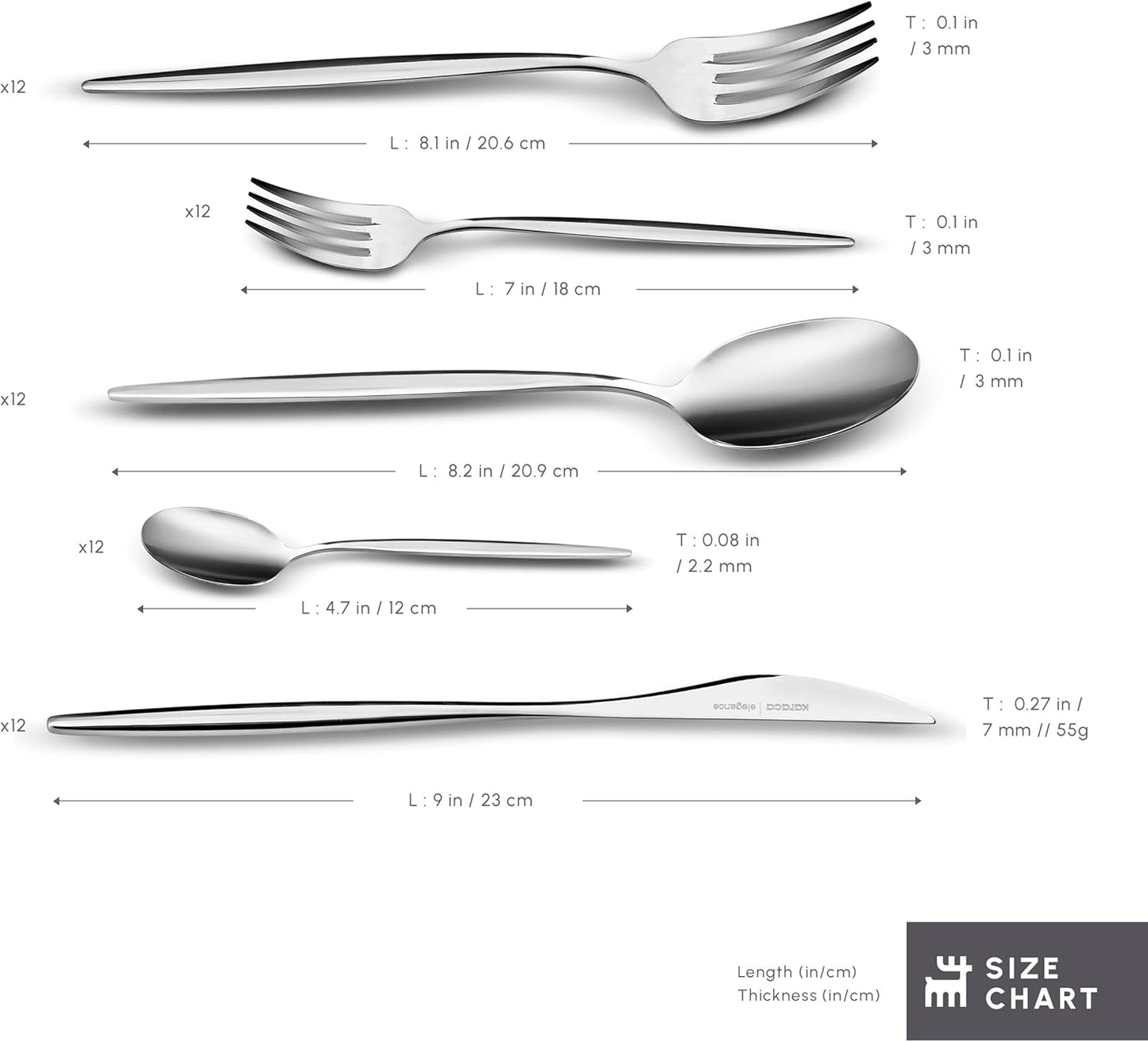 Karaca Lizbon 60-Piece Cutlery Set for 12 People -18/10 Stainless Steel, Dinnerware Tableware Silverware Service, includes Forks, Spoons, knives, forks, Teaspoons, Mirror Polished, Dishwasher Safe