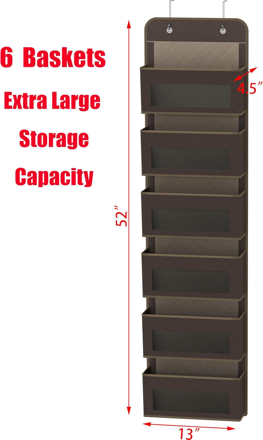 Simple Houseware 6 Clear Window Pocket Over Closet Door Storage Hanging Organizer for Bedroom, Bathroom, Pantry, Brown