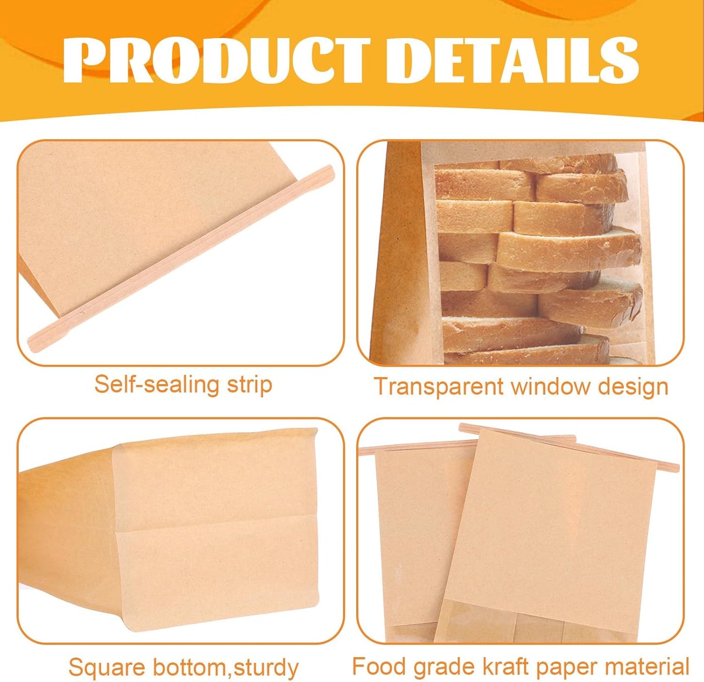 Tobeelec 100 Pcs Brown Kraft Paper Bread Bags with Window, Tin Tape Lock, Eco-Friendly, Disposable, 11 x 4 Inches