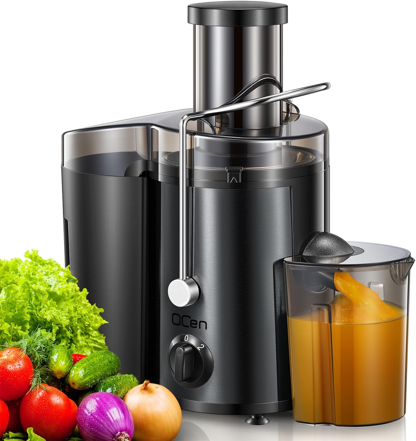 QCen Juicer Machine, 500W Centrifugal Juicer Extractor with Wide Mouth 3” Feed Chute for Fruit Vegetable, Easy to Clean, Stainless Steel, BPA-free (Metallic Black)