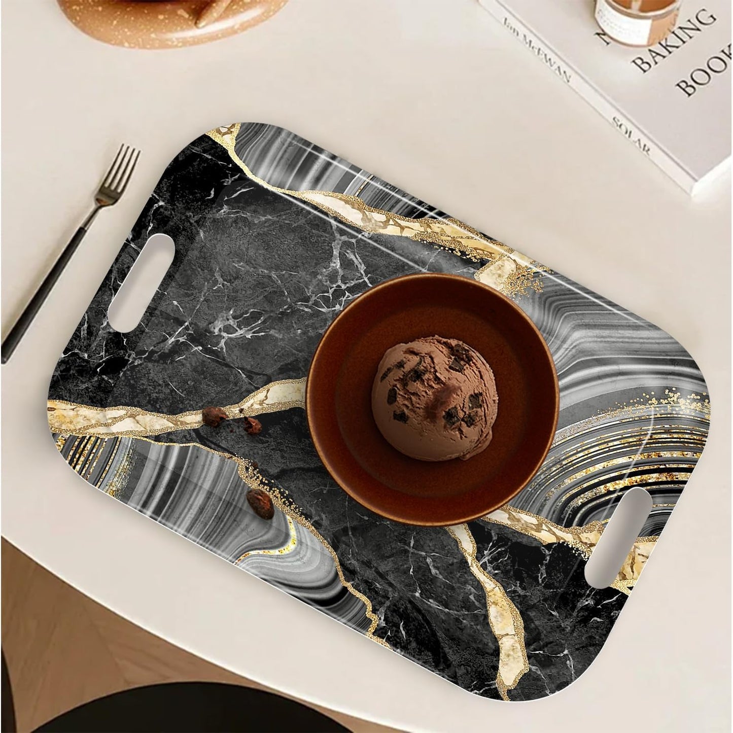 Serving Trays with Handles, 14.5 x 9.8 inch Rectangular Plastic Tray for Restaurant, Kitchen, Abstract Background Black Marble